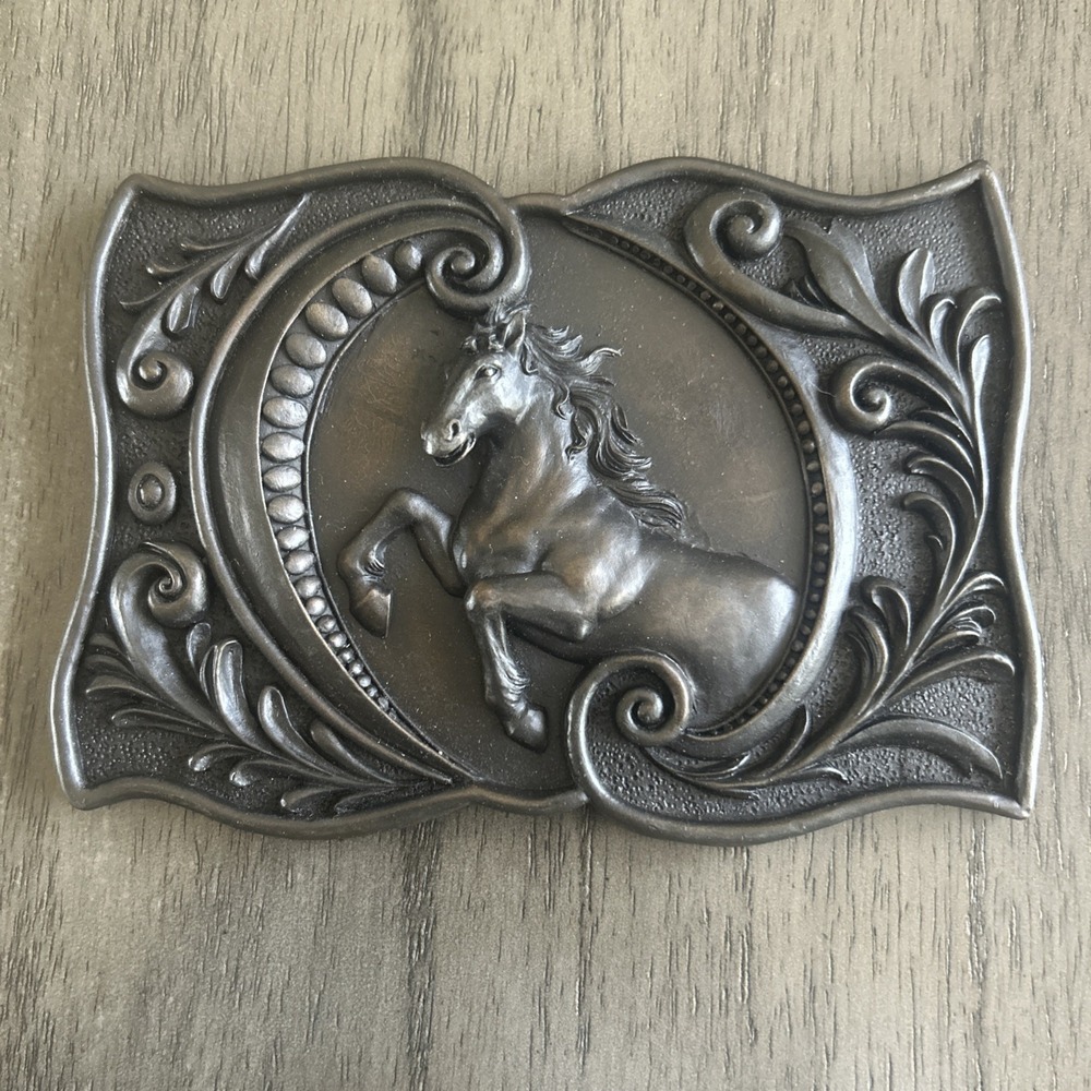 Vintage Pewter Horse Wall Plaque Rearing Oval Frame Scroll Decor